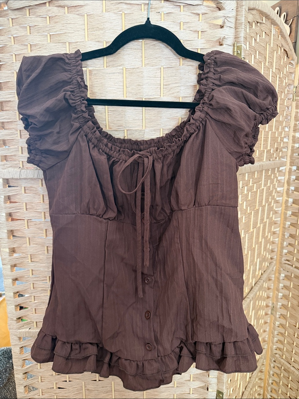 SHEIN Brown Puff Sleeve Ruffle Scoop Neck Blouse